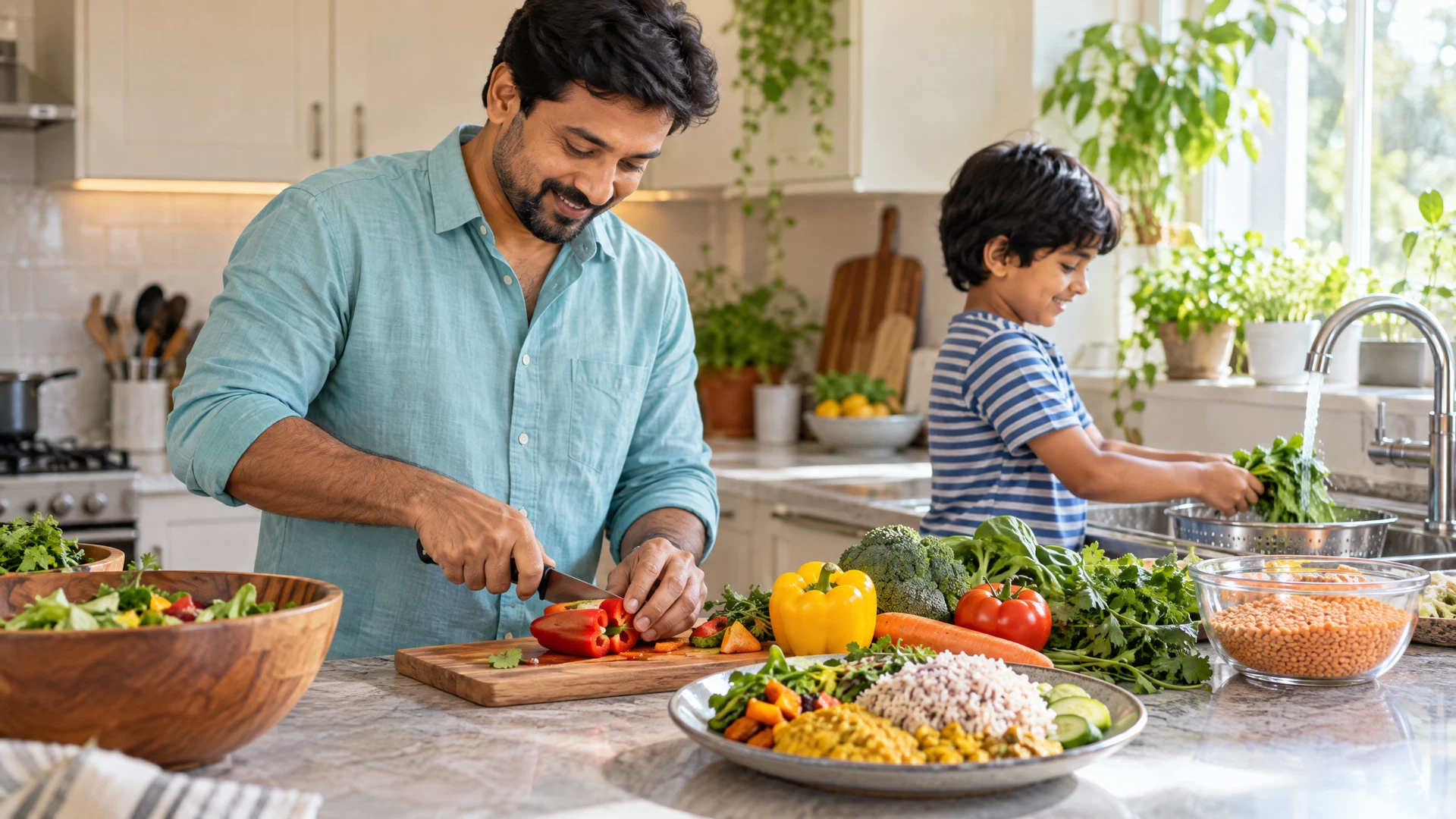 A South Asian father preparing a healthy meal with fresh vegetables at home