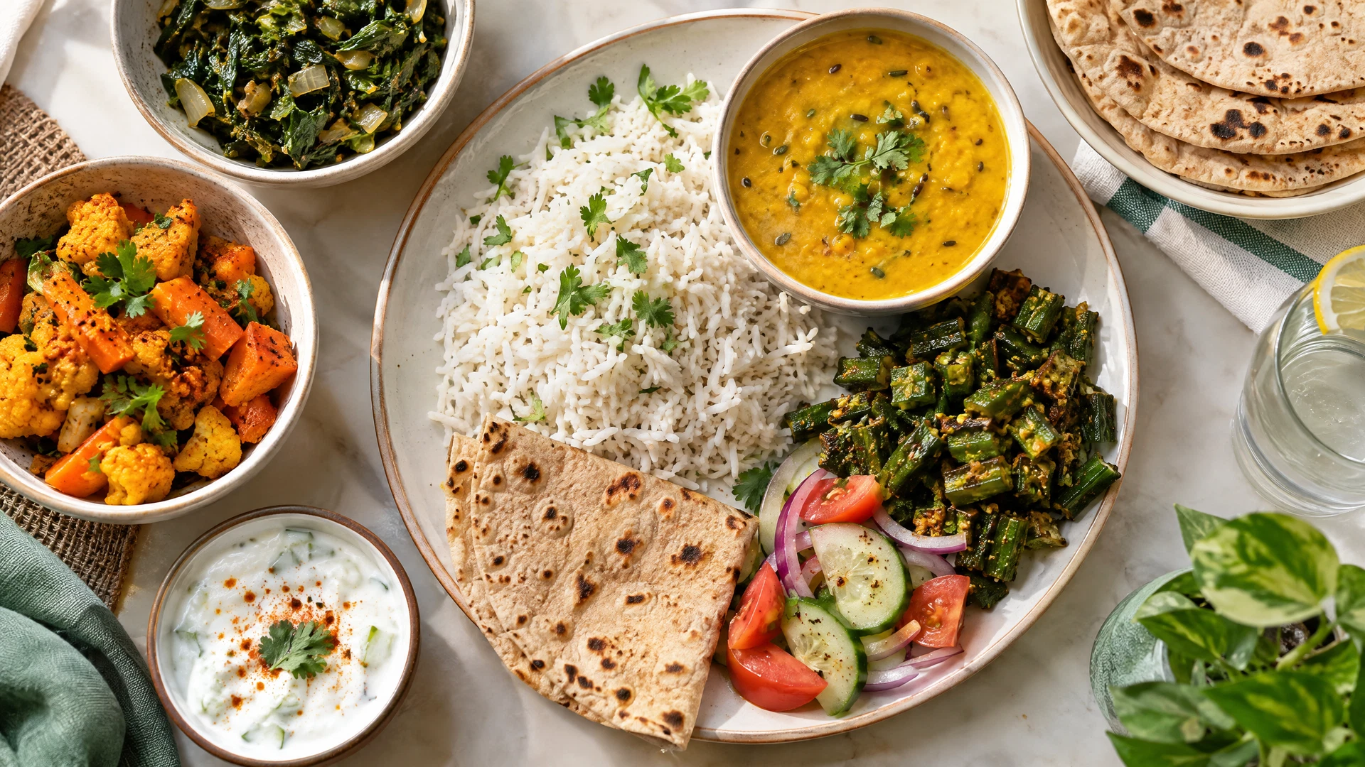 A bright overhead view of a wholesome Indian family meal