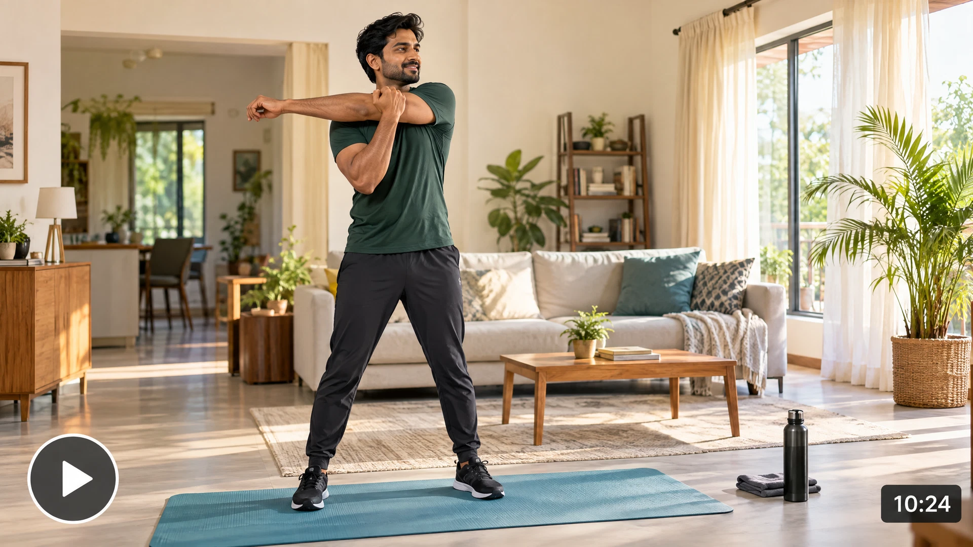 A South Asian man demonstrating a beginner warm-up at home